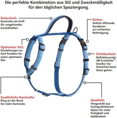Шлейка для собак HALTI Walking з м'якою неопреновою підкладкою, 5 регульованих ременів та світловідбиваючим матеріалом. Підходить для собак середніх розмірів (розмір L). Колір: блакитний