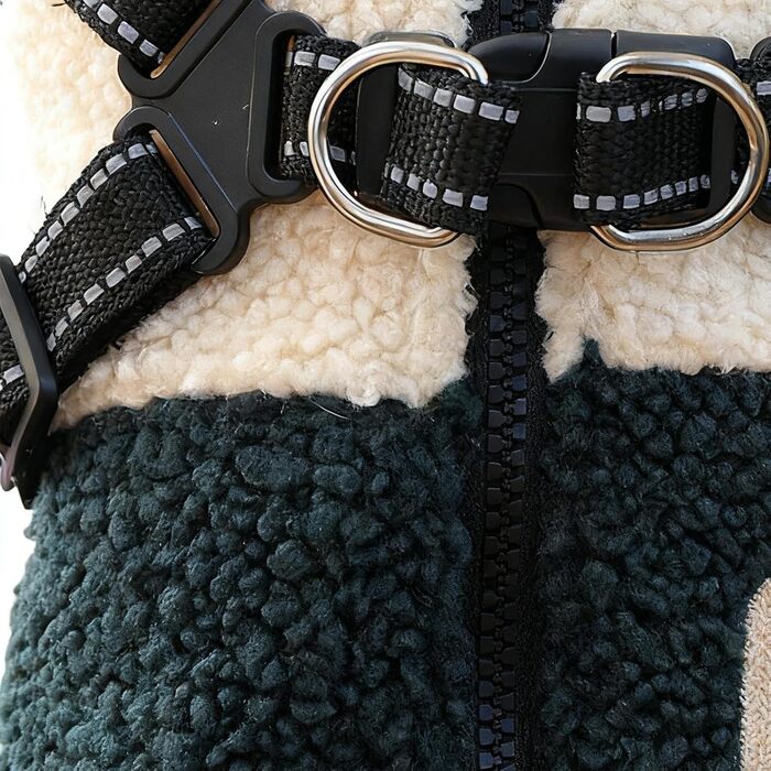 Тепла жилетка для собак з флісовою підкладкою, з отвором для шлейки. Ідеально для прогулянок та активного відпочинку. Підходить для маленьких та середніх собак. Колір: зелено-білий