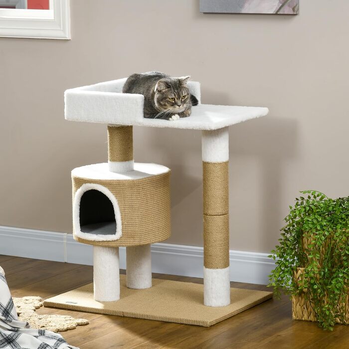 Дерев'яний кігтеточка PawHut для котів з будиночком, лежаком та кріпленням з джуту, до 8 кг, коричнево-білий, імітація кашеміру