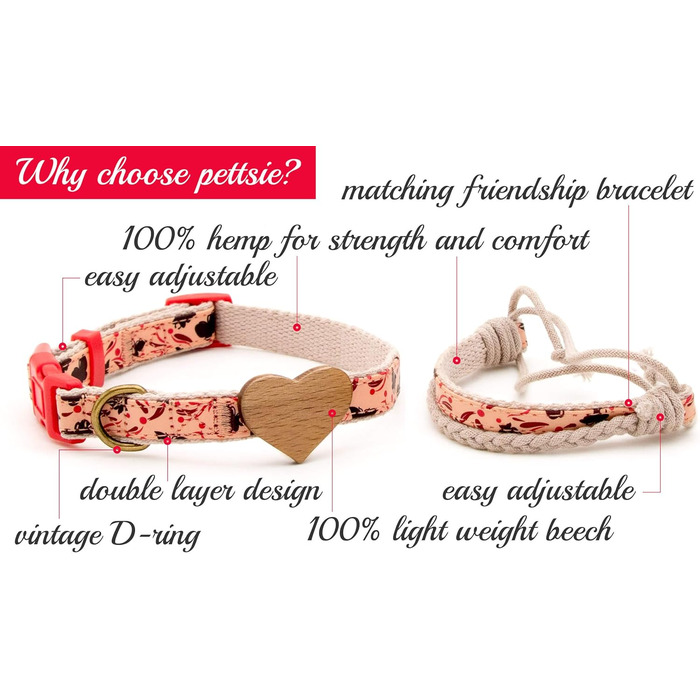 Нашийник для собак Pettsie з серцем та браслетом дружби, регульовані розміри S та M, зручний дизайнерський льон, міцний та довговічний, чудовий подарунок для любителів собак (35,6 - 50,8 см (M), Червоний)