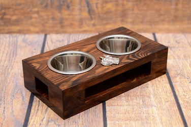 Дерев'яна підставка з мисками для собак, сталеві миски, ручна робота — Німецький дог