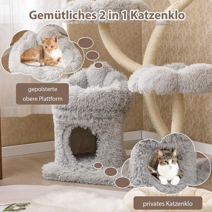 Дерев'яна кігтеточка для котів COSTWAY 165 см з 4 лежаками, будиночком та сизалевими стовпчиками, велика, з металевим каркасом, сіра