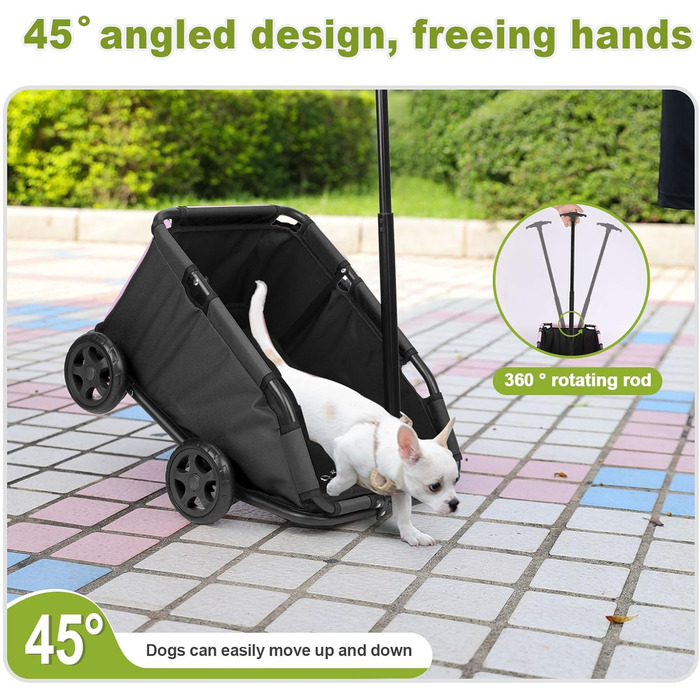 Міні-візок для маленьких домашніх тварин, складний багатофункціональний візок для покупок з висувним ручкою, для прогулянок на вулиці, з вбудованим матрацом та страхувальним тросом, з кишенькою для зберігання (Чорний)
