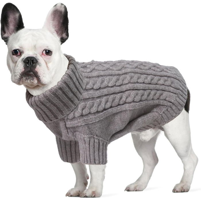 Теплий пуловер для собак середнього розміру з отвором для шлейки та петлями на ніжках, вязаний ролкраг. Підходить для Французького бульдога, Такси. Колір сірий, розмір L (Обхват грудей 54 см, довжина спини 40 см)
