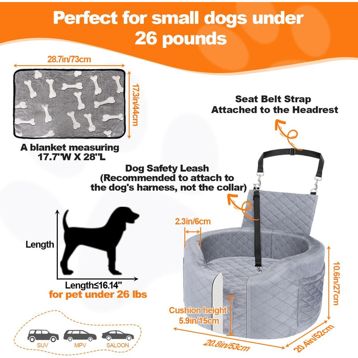 Автокрісло для собак - чорне автокрісло-бустер для маленьких собак з піною Memory Foam 28D, неслизька та вологостійка підкладка, переноска з кишенями для зберігання та ковдрою, сірий 02-Сірий