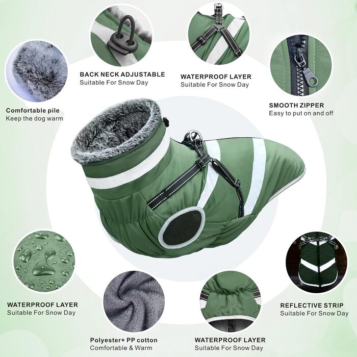 Водонепроникні куртки для собак, зимові теплі куртки для собак, одяг для домашніх тварин з відбиваючими елементами, куртки для собак у холодну погоду, затишні костюми від снігу, куртки та жилети для маленьких, середніх та великих собак (Зелений, 5XL)
