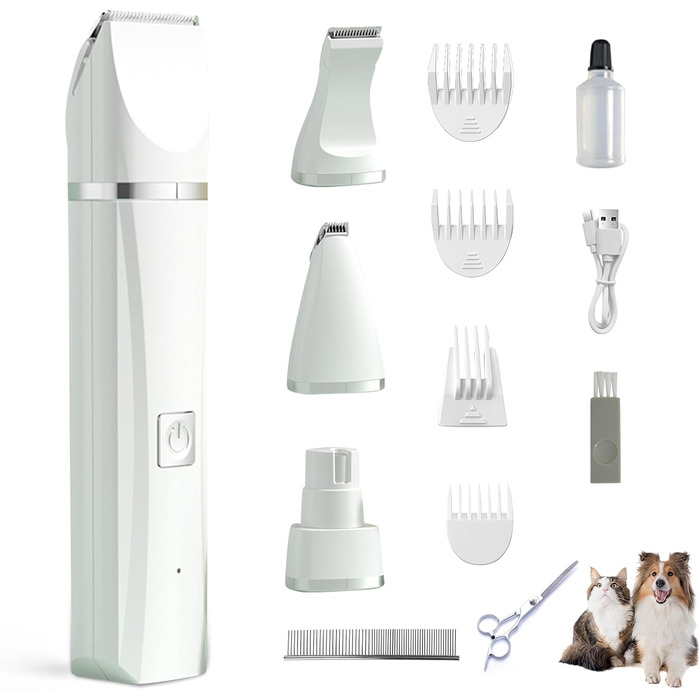 Машина для стрижки собак та котів 4 в 1 з 4 насадками: стрижка, триммінг, шліфування кігтів, видалення посічених кінчиків. Водонепроникна, для догляду за лапами, обличчям, тілом. Зелений/Білий колір