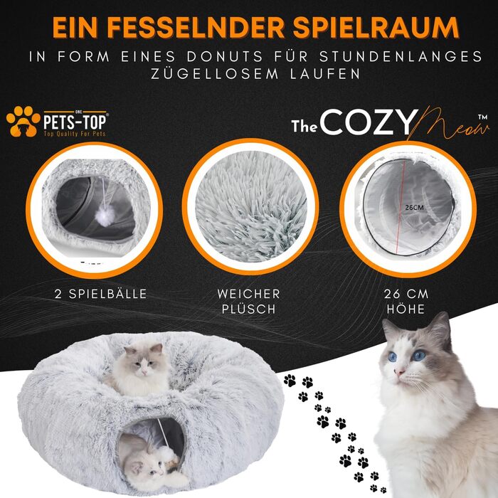 Котячий тунель XXL One PETS-TOP, круглий, з лежаком, ігровий тунель-донат з шурхотом для великих котів, ультрам'який