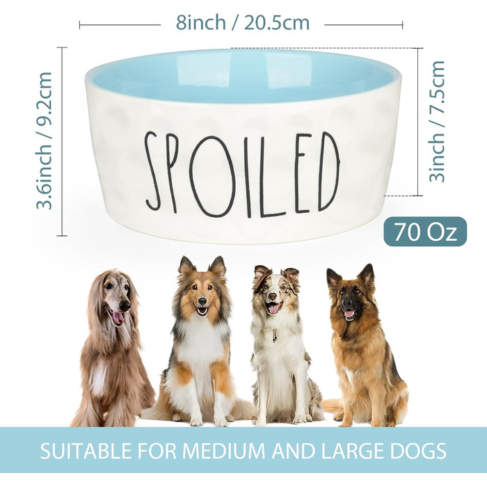 Керамічна миска для собак WoofinPets 250 мл, 25,4 см, велика, нековзка, для води та корму, для середніх і великих порід, міцна, підходить для мікрохвильовки та посудомийки, синя