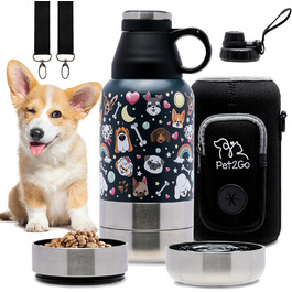 Пляшка для води PET2GO для собак 900 мл з контейнером для ласощів і знімними мисками, ізольований портативний нержавіючий поїльник для домашніх тварин, аксесуари для собак, для прогулянок і подорожей, сірий