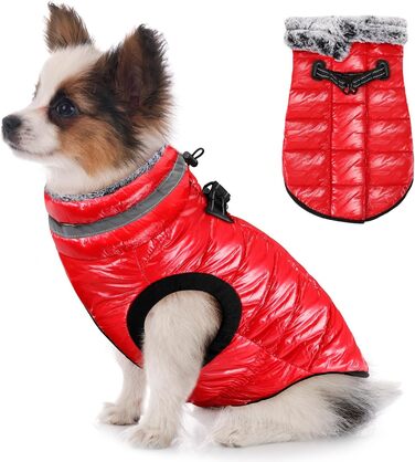 Водонепроникний собачий плащ з шлейкою, флісова комір-стійка, тепла зимова куртка для собак з подвійним блискавкою, куртка для собак з відбиваючими елементами, червоний, розмір S