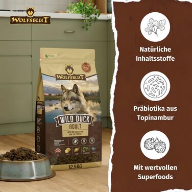 Сухий корм для дорослих собак WOLFSBLUT Wild Duck з качкою та суперфудами, беззерновий, 12.5 кг