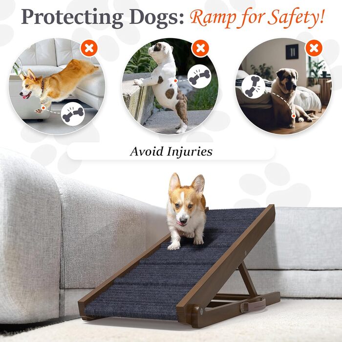 PATHOSIO PETS Рампа для собак з дерева, складна, регульована, для ліжка, дивану, авто, для всіх порід, до великих собак, колір горіх-сірий