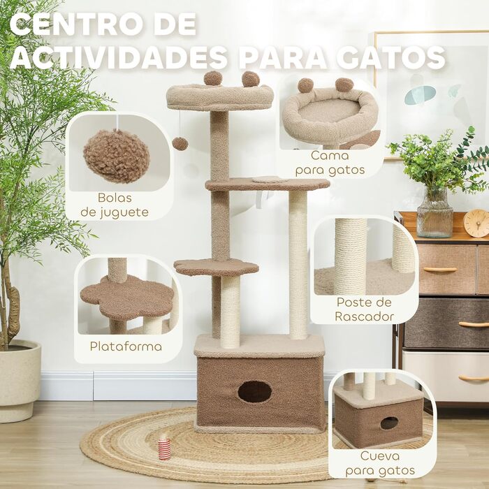 Кігтеточка PawHut для котів, 133 см: багатоярусна з платформами, кулькою та стійкою з джуту, коричнева