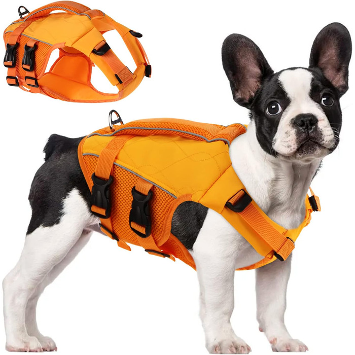 Жилет рятувальний для собак ASENKU S, помаранчевий, регульований, з ручкою та світловідбиваючими елементами (чіхуахуа, такса, бульдог, лабрадор)