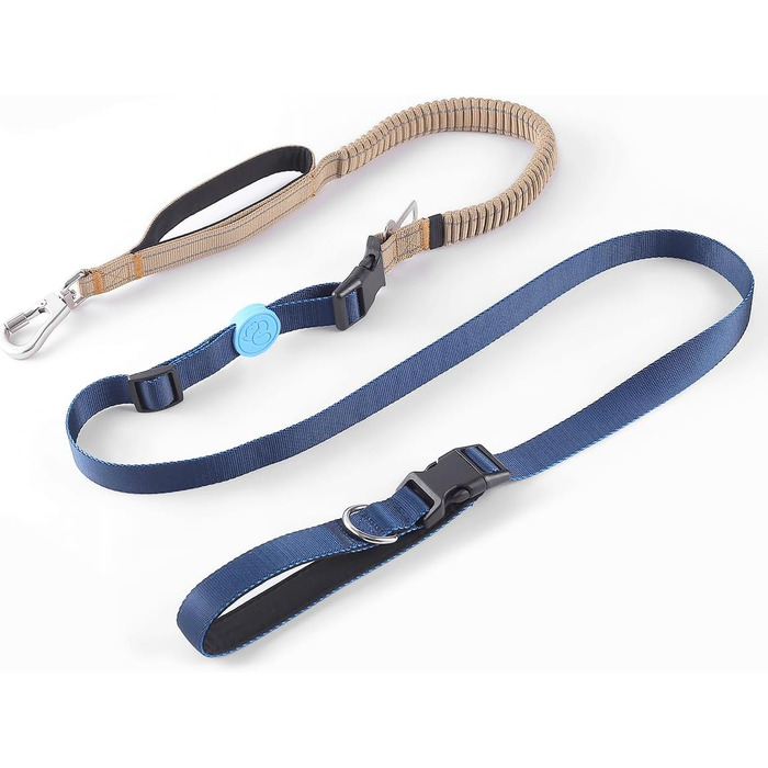 EVERKING 6-в-1 повідок для собак з живітним ременем – повідь для бігу та прогулянок, з двома ручками, антишокова пружина, кріплення для авто, альтернатива шлейці (Блакитний, Сірий, Блакитний, Хакі)