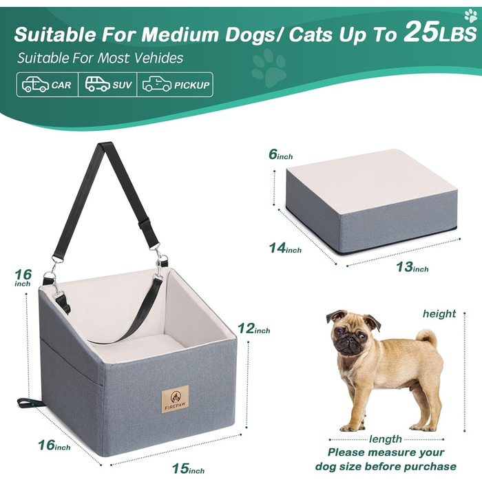 Автокрісло для собак, сіре, для маленьких собак до 11 кг, знімний та миючий підйомник, з кишенями для зберігання