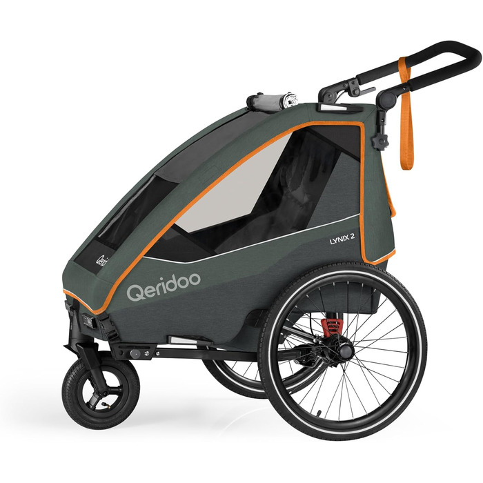 Qeridoo Lynix 2 Forest Green - Причіп для велосипеда 2 дітей з підвіскою та ременями безпеки | Дитячий велопричіп-візок | Qeridoo