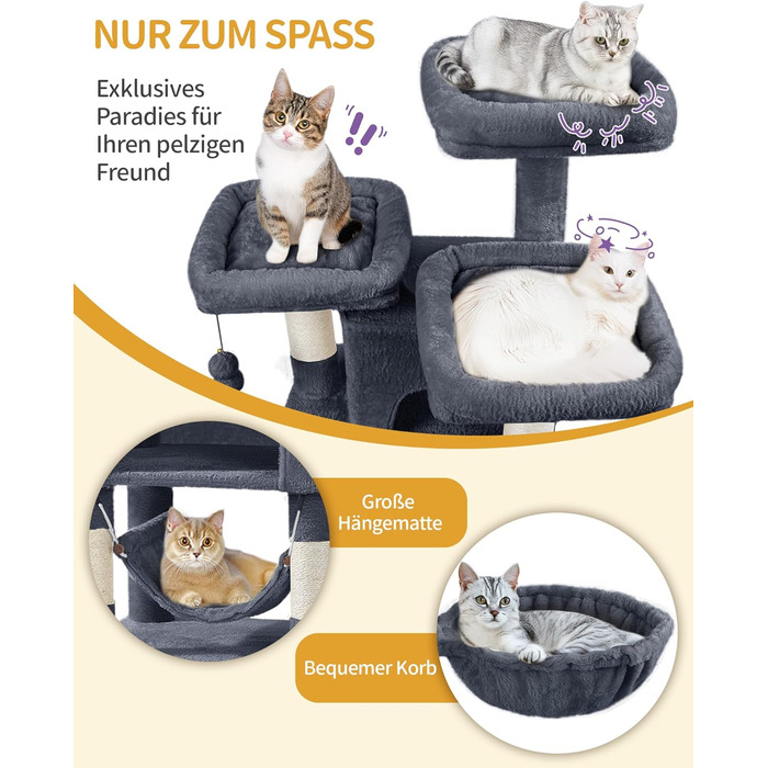 Кігтеточка для котів Hzuaneri 176 см, XL, 3 платформи, 2 печери, 7 стовпчиків, гамак, плюшеві кульки, для багатокотових сімей, темно-сірий MS17618SG