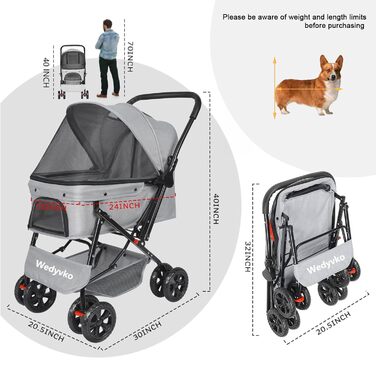 Візок для собак Wedyvko до 20 кг, 4 колеса, складний, для маленьких/середніх собак та котів, з кошиком та тримачем для напоїв, зелений (сірий)