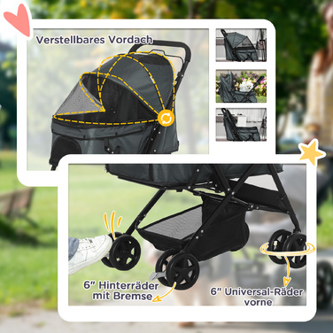Коляска для маленьких собак і кішок PawHut Dog Buggy для маленьких собак і кішок, коляска для домашніх тварин, Oxford Dark Grey, 76,5 x 52 x 95 см