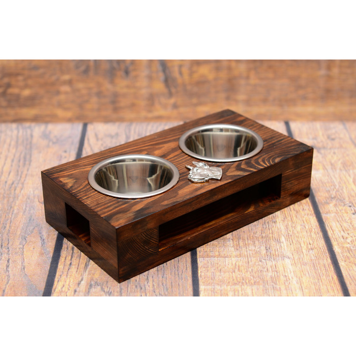 Дерев'яна підставка з мисками для собак, сталеві миски, ручна робота — Німецький дог