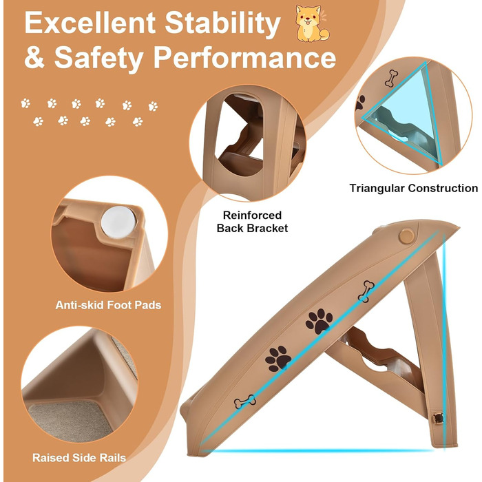 Сходинка для тварин SOARS: 4 сходинки, килимок з повсті, для собак та котів до 60 кг, антиковзаюча, для ліжка, авто, дивану (колір: коричневий)