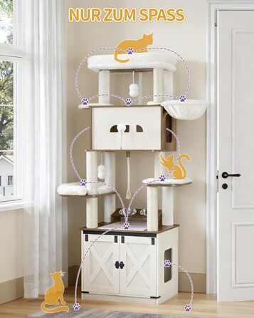 Драбина-кіготь для котів з туалетом, годівницею, 173 см, велика платформа, мотузка сизаль, гамак, знімний килимок, іграшки-кульки, білий та коричневий колір CB89014WT