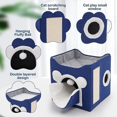 Кіт-будинок складний великий для котів та маленьких собак з когтеточкою та пухнастою кулькою, блакитний