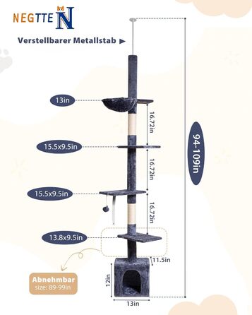 Кігтеточка NEGTTE з регулюванням висоти (230-275см) - кігтечочний комплекс з 2 кігтеточними стовпами, гамаком та будиночком. Вузька кігтеточка висотою для невеликих приміщень, система натягу стелі, страховий ремінь, темно-сірий колір