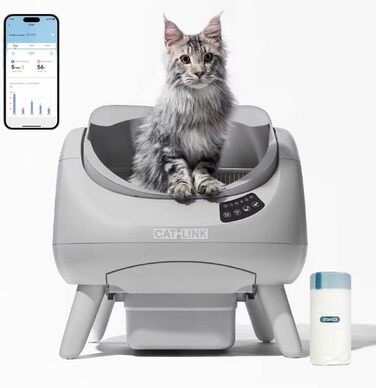 Автоматичний котячий туалет CATLINK C08 lite XXL з відкритим верхом, Wi-Fi 5 ГГц, 12 л, для будь-якого наповнювача, для багатокотячих домогосподарств, світло-сірий