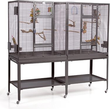 Преміальна клітка для птахів Montana Cages New Madeira Double для амадин і папуг, 6 коліс, 4 нержавіючі годівниці, порошкове покриття AVILON, антик, 165x56x158 см