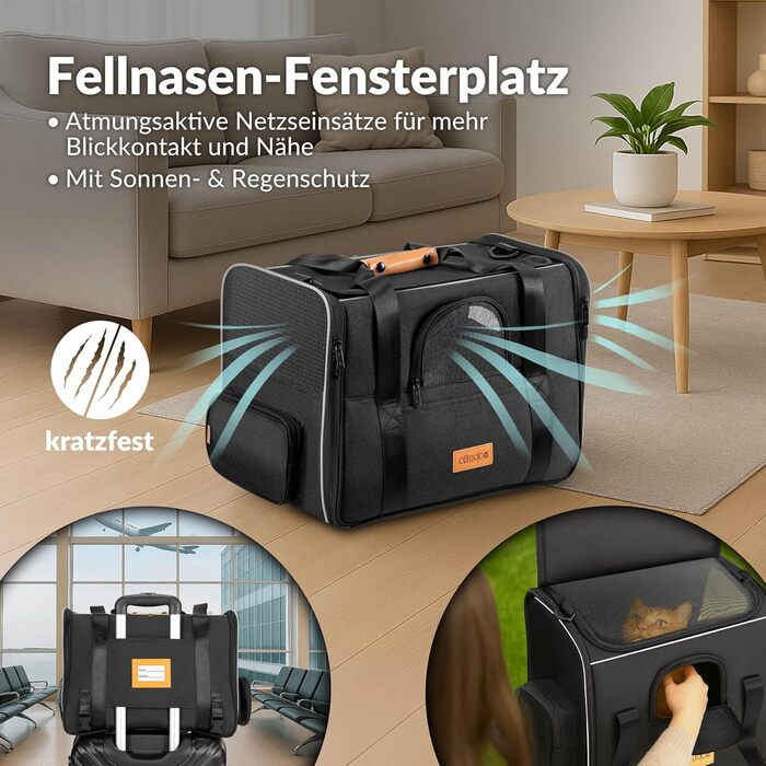 Транспортна переноска для котів CADOCA® до 20 кг, складна, з сонцезахисним дахом, ременем на плече, мискою, дихаюча, комфортна, з обертовим матрацом. Підходить для котів, собак, авто, чорного кольору.