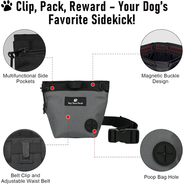 Сумка для ласощів для собак з магнітною застібкою, регульованим поясом, для тренувань, прогулянок на відкритому повітрі (сіра, з принтом тварин)