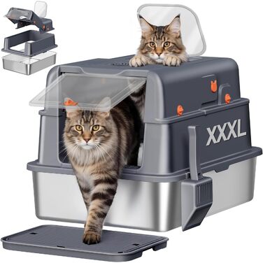Лоток для котів із нержавіючої сталі з кришкою, розмір XXXL (70 x 50 x 42 см), темно-сірий