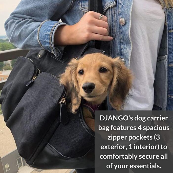 Сумка-переноска для собак Django з вощеного канвасу та шкіри, чорна, з безпечним ремінцем, блискавкою та кишенями