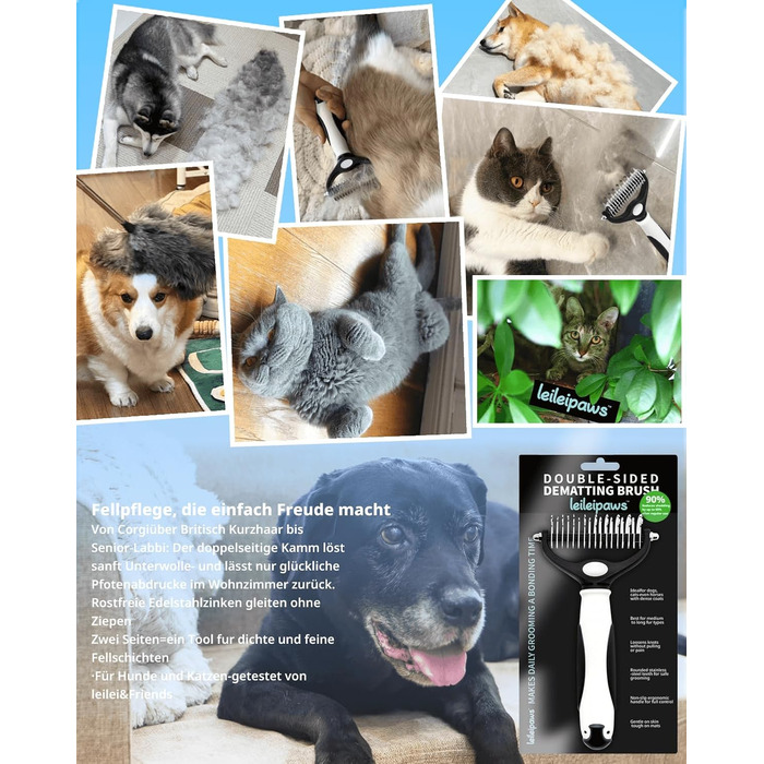 Щітка для собак та котів - двостороння щітка для видалення підшерстка та вичісування, 17/9 зубців, ручка Pinguin, для довгої та короткої шерсті, м'який догляд за шерстю та видалення підшерстка