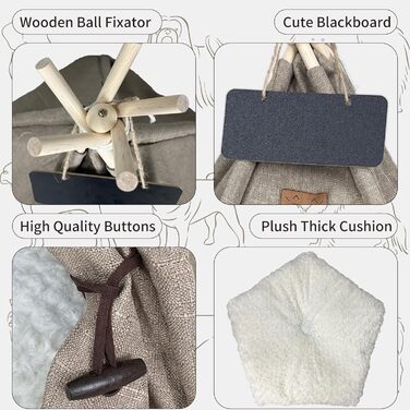 Палатка для тварин Tipi, будиночок для собак та котів з плюшевою подушкою, 60x60x70 см, коричневий