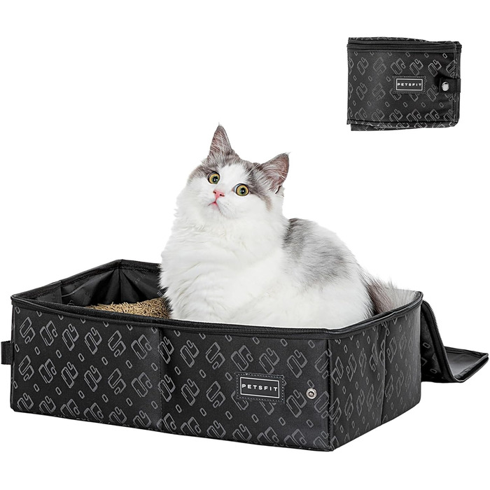 Портативний туалет для котів Petsfit - дорожній, складаний, легкий у чищенні (40x30x12 см, чорний з візерунком)