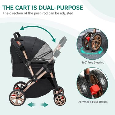 Візок для собак та котів YITAHOME, чорний, до 22 кг, складна конструкція, з сумкою, подушкою, сітковими вікнами та кошиком для зберігання