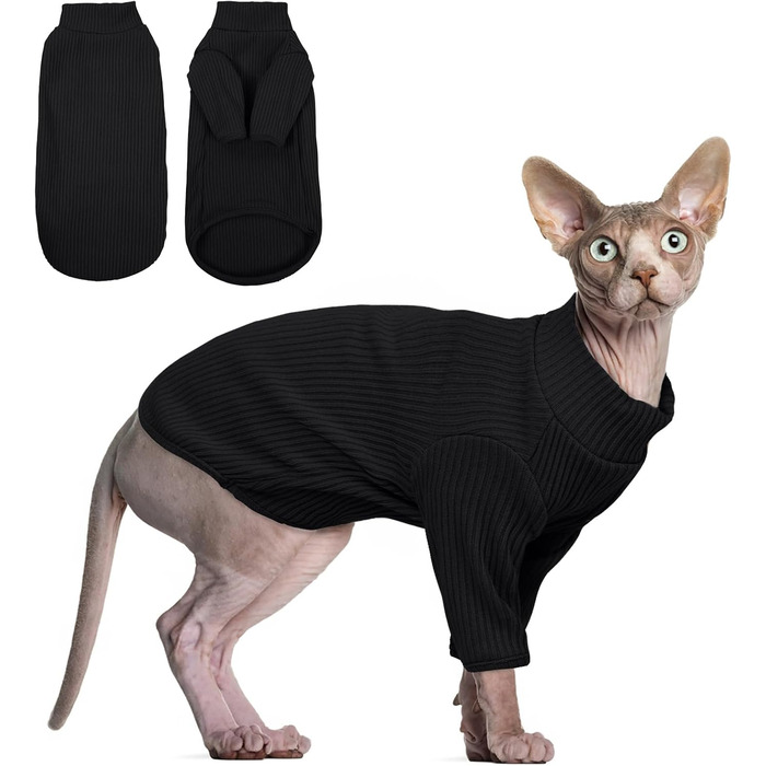 В'язаний жилет для безшерстих котів з високим коміром, чорного кольору. Дихаючий одяг для Sphynx, Cornish Rex, Devon Rex, Peterbald. Теплий пуловер-піжама для котів.