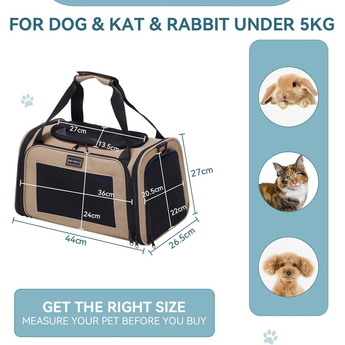 Транспортувальна сумка для котів і малих собак Petsfit, легка авіасумка з захисним ременем і розширюваним килимком, розмір S, колір хакі