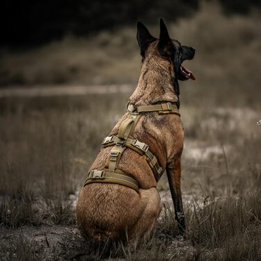 OneTigris HOUNDLOCK Тактичне шлейка для собак, надійна, регульована, з м'якою підкладкою, з ручкою, 2D-кільцями та світловідбиваючими елементами (M, L:27-41кг, обхват шиї 45-63см, обхват грудей 68-91см), Колір: Коричневий