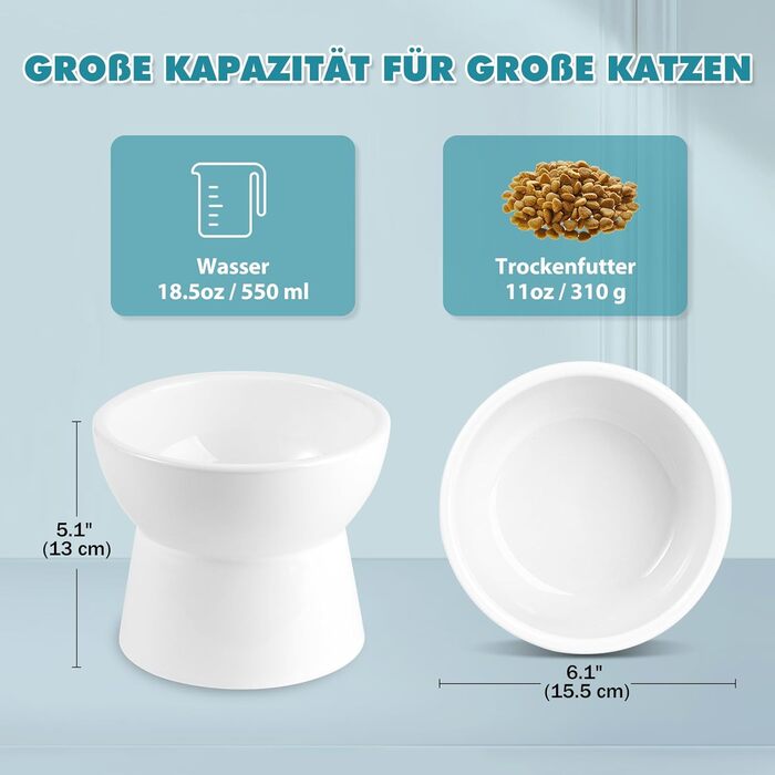 Підвищена годівниця для котів, керамічна - миска для води та їжі, антиблювотний дизайн, 550 мл, білий колір