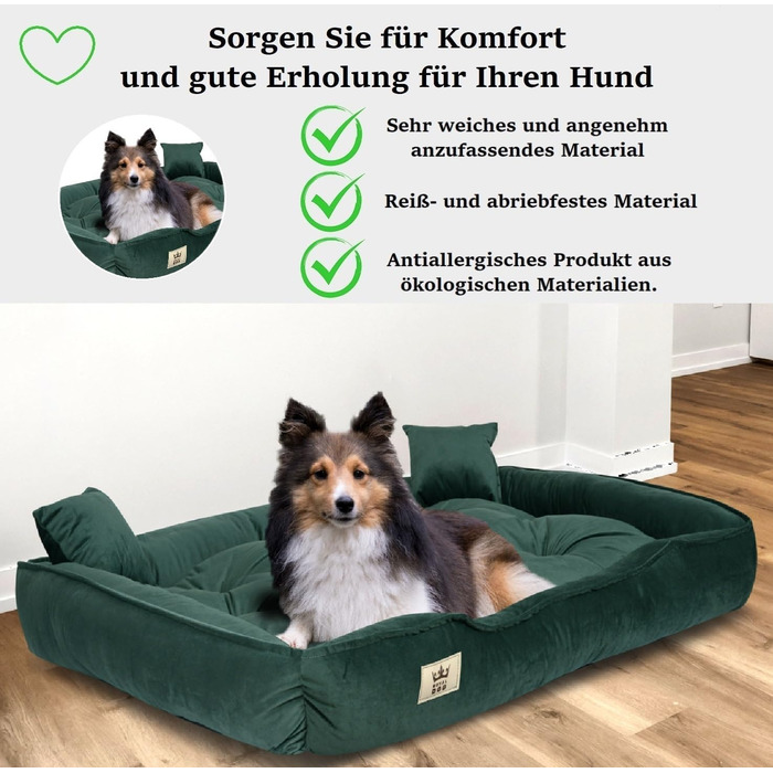 Крісло-ліжко для собак великих порід KING DOG, 100 x 75 см, зелене, з велюру, ортопедичне, легко миється, силіконова наповнювач
