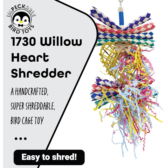 Іграшка для птахів Willow Heart Shredder – розважальна підвіска для папуг, хвилястих папужок, нерозлучників і корел – дерев'яна іграшка для подрібнення, для малих і середніх птахів
