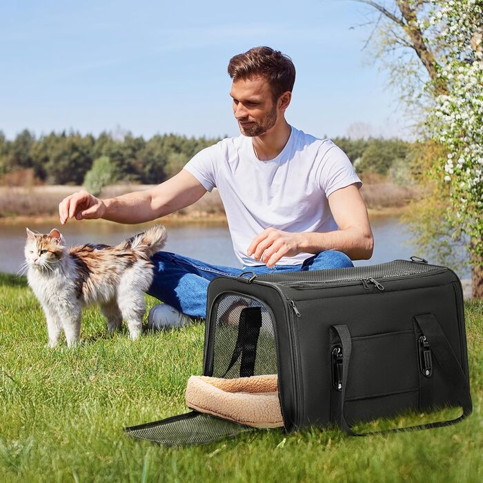 Переноска для кота та собаки Petsfit - чорна, розмір M (45.5 x 28 x 28 см) з м'яким килимком