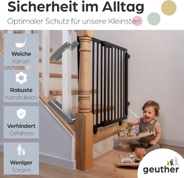 Захист для сходів Geuther Oris | Дверний захист для сходів з кріпленням, 2 клямки для поручнів, ширина, стабільне дерев'яне дитяче ворота, натуральний лак (чорний, 95-135 см)