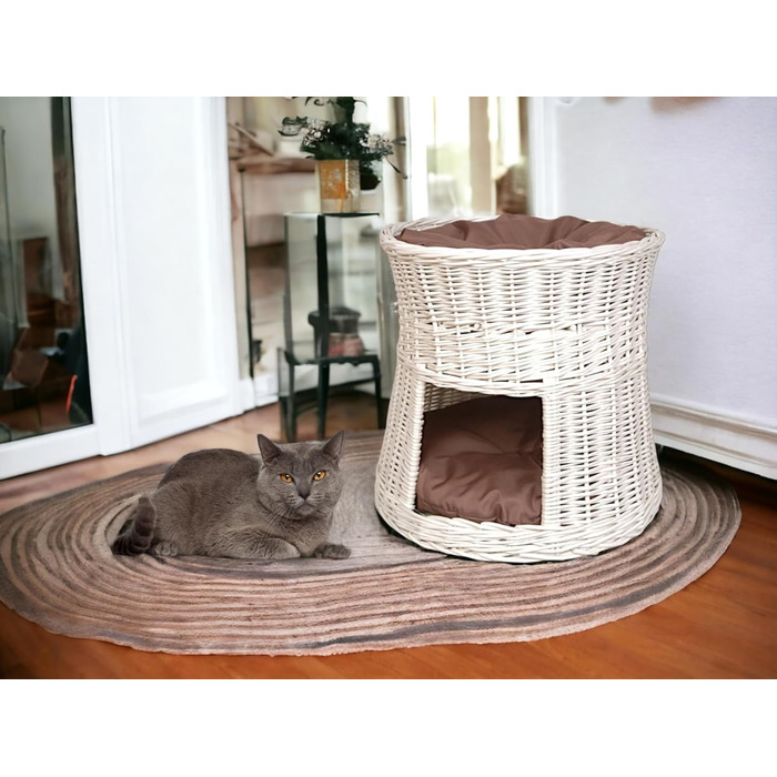 Кігтеточка-будиночок для котів: двоярусне ліжко з плетіння з лози, діаметр 50 см, з подушкою, білий колір