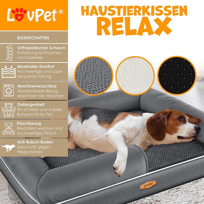 Ортопедичне ліжко-матрац для собак Lovpet Relax, комплект: миска + 3 жувальні кістки, диван-лежак для малих, середніх і великих собак, знімний і праний чохол, 91x71x22 см, антрацит